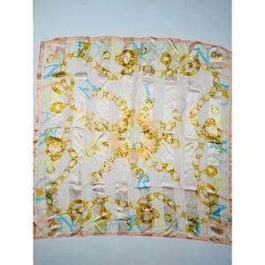 Vintage Nina Ricci Silk Scarf with Gold Charm Bracelet Detail Blush Pink 34”x34”